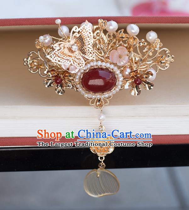 Chinese Classical Palace Golden Butterfly Hair Crown Handmade Hanfu Hair Accessories Ancient Ming Dynasty Empress Pearls Agate Hairpins