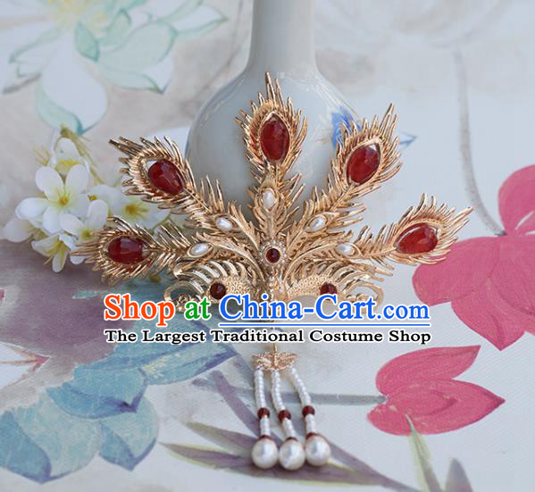 Chinese Classical Palace Agate Phoenix Hair Crown Handmade Hanfu Hair Accessories Ancient Ming Dynasty Empress Pearls Golden Hairpins