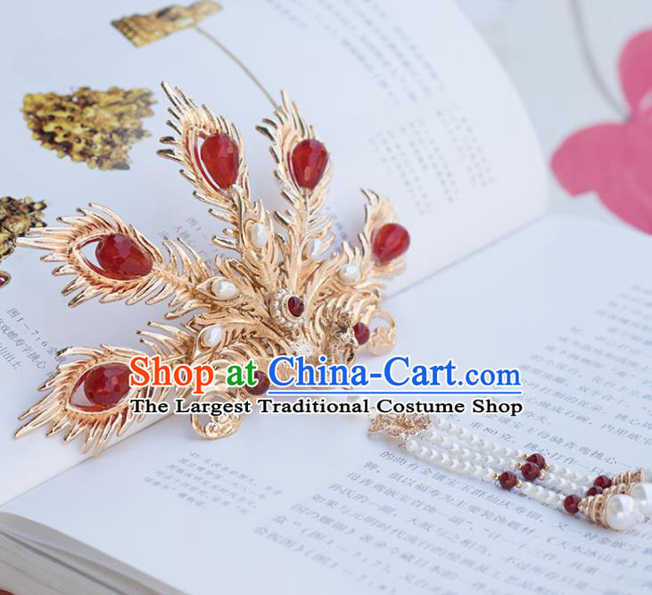 Chinese Classical Palace Agate Phoenix Hair Crown Handmade Hanfu Hair Accessories Ancient Ming Dynasty Empress Pearls Golden Hairpins