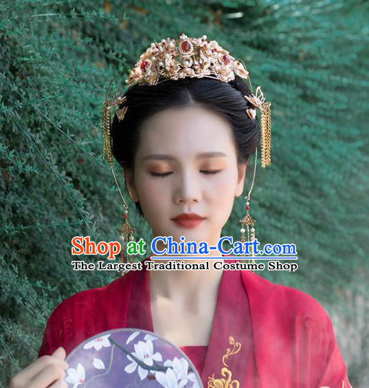 Chinese Classical Palace Agate Phoenix Coronet Handmade Hanfu Hair Accessories Ancient Ming Dynasty Empress Hairpins Golden Tassel Hair Crown