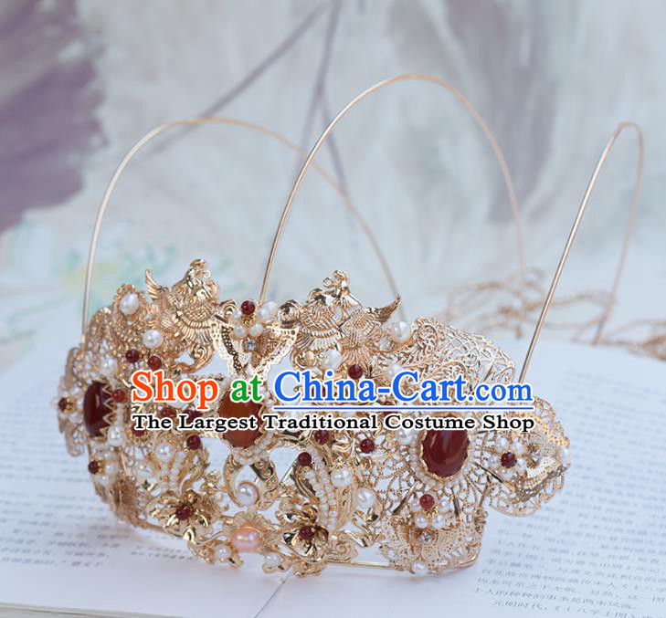 Chinese Classical Palace Agate Phoenix Coronet Handmade Hanfu Hair Accessories Ancient Ming Dynasty Empress Hairpins Golden Tassel Hair Crown