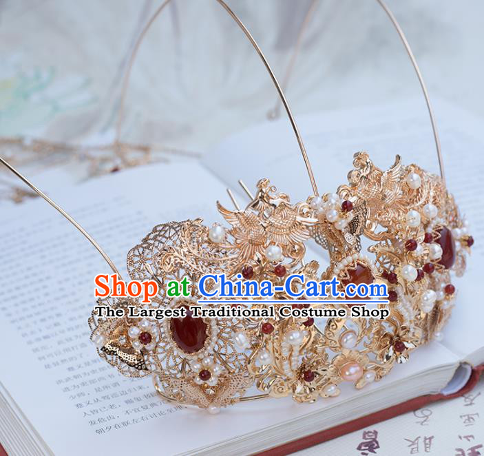 Chinese Classical Palace Agate Phoenix Coronet Handmade Hanfu Hair Accessories Ancient Ming Dynasty Empress Hairpins Golden Tassel Hair Crown