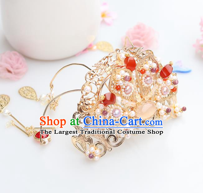 Chinese Classical Palace Pink Chalcedony Hair Crown Handmade Hanfu Hair Accessories Ancient Ming Dynasty Empress Red Crystal Pearls Hairpins