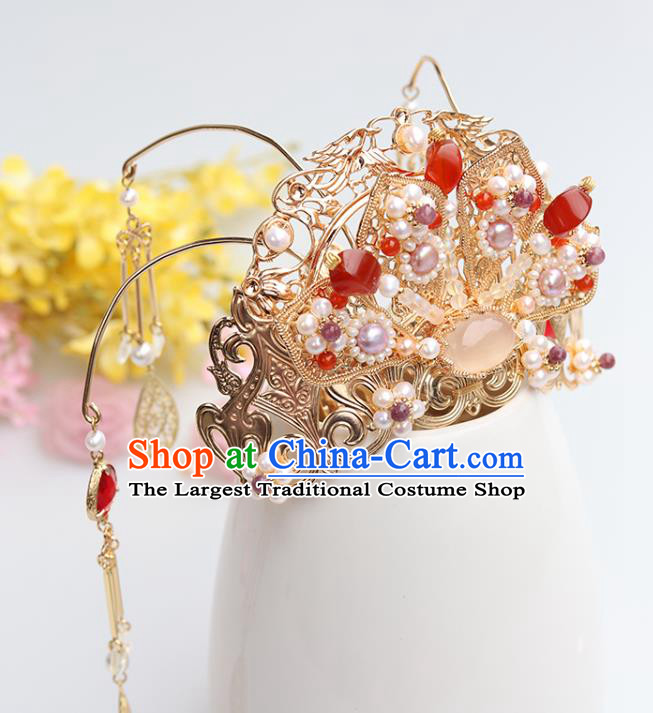 Chinese Classical Palace Pink Chalcedony Hair Crown Handmade Hanfu Hair Accessories Ancient Ming Dynasty Empress Red Crystal Pearls Hairpins