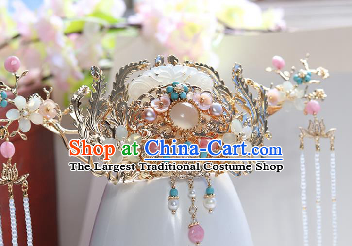 Chinese Classical Palace Jade Hair Crown Handmade Hanfu Hair Accessories Ancient Ming Dynasty Empress Pearls Chalcedony Hairpins