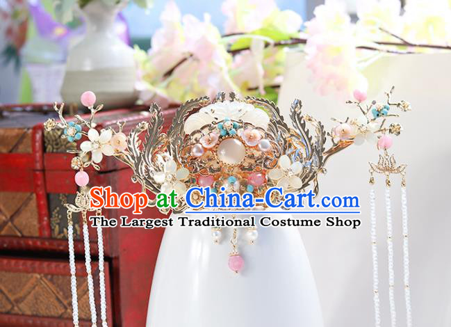 Chinese Classical Palace Jade Hair Crown Handmade Hanfu Hair Accessories Ancient Ming Dynasty Empress Pearls Chalcedony Hairpins