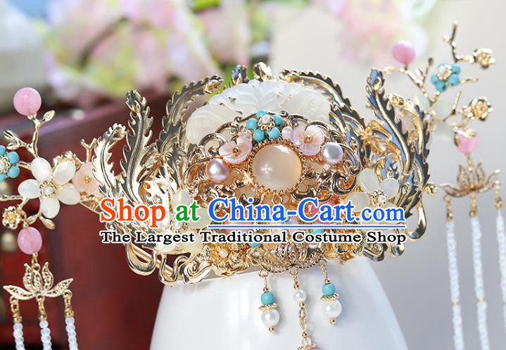 Chinese Classical Palace Jade Hair Crown Handmade Hanfu Hair Accessories Ancient Ming Dynasty Empress Pearls Chalcedony Hairpins