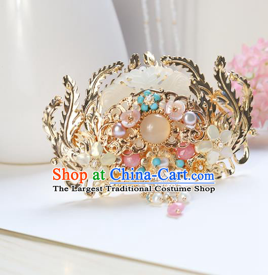 Chinese Classical Palace Jade Hair Crown Handmade Hanfu Hair Accessories Ancient Ming Dynasty Empress Pearls Chalcedony Hairpins