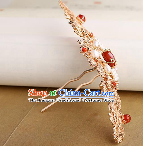 Chinese Classical Palace Golden Hair Crown Handmade Hanfu Hair Accessories Ancient Tang Dynasty Princess Agate Hairpins