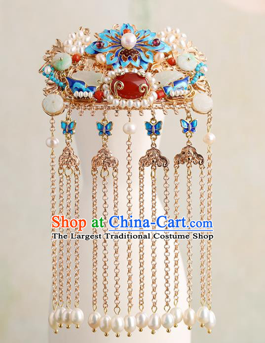 Chinese Classical Palace Blueing Lotus Hair Comb Handmade Hanfu Hair Accessories Ancient Ming Dynasty Princess Jade Pearls Hairpins