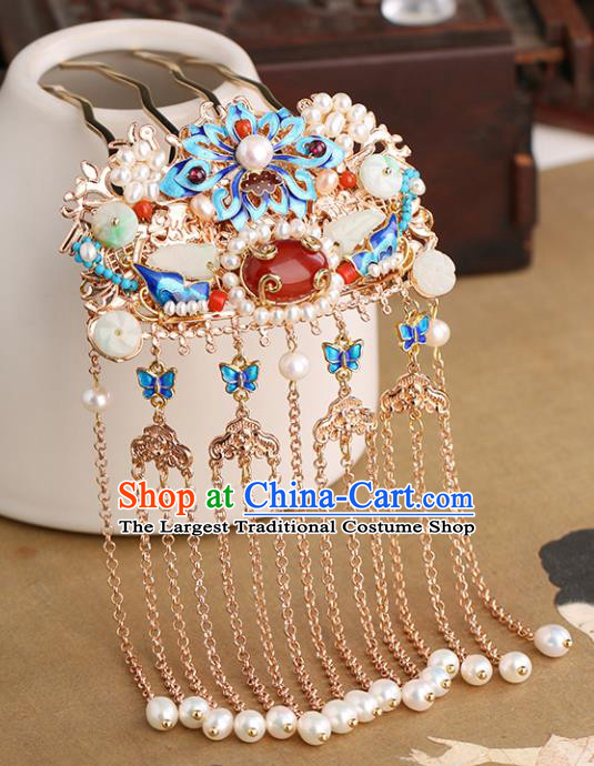 Chinese Classical Palace Blueing Lotus Hair Comb Handmade Hanfu Hair Accessories Ancient Ming Dynasty Princess Jade Pearls Hairpins