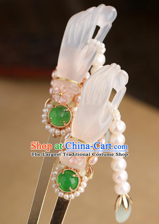 Chinese Classical Palace Jade Hair Stick Handmade Hanfu Hair Accessories Ancient Ming Dynasty Princess Pearls Tassel Hairpins
