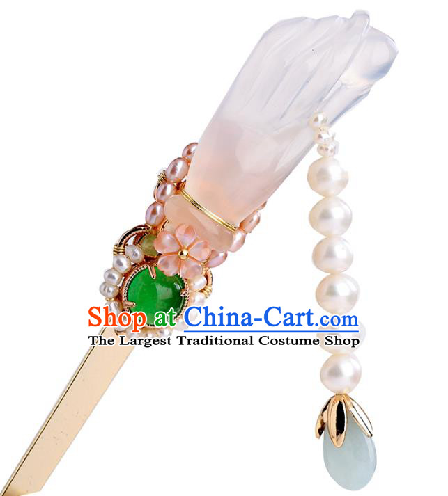 Chinese Classical Palace Jade Hair Stick Handmade Hanfu Hair Accessories Ancient Ming Dynasty Princess Pearls Tassel Hairpins
