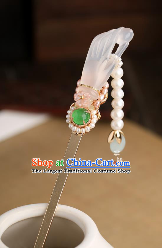Chinese Classical Palace Jade Hair Stick Handmade Hanfu Hair Accessories Ancient Ming Dynasty Princess Pearls Tassel Hairpins