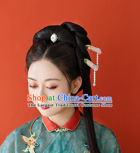Chinese Classical Palace Jade Hair Stick Handmade Hanfu Hair Accessories Ancient Ming Dynasty Princess Pearls Tassel Hairpins