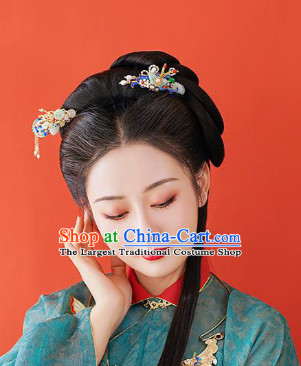 Chinese Classical Palace Jade Plum Hair Stick Handmade Hanfu Hair Accessories Ancient Ming Dynasty Princess Blueing Pearls Hairpins