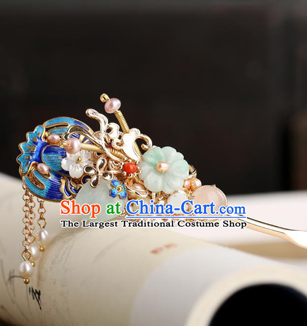 Chinese Classical Palace Jade Plum Hair Stick Handmade Hanfu Hair Accessories Ancient Ming Dynasty Princess Blueing Pearls Hairpins
