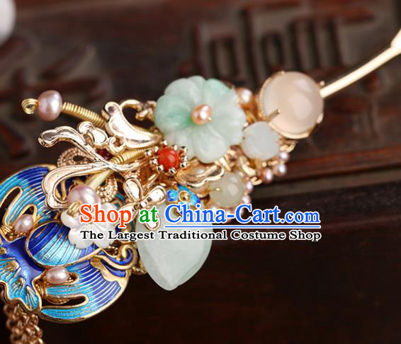 Chinese Classical Palace Jade Plum Hair Stick Handmade Hanfu Hair Accessories Ancient Ming Dynasty Princess Blueing Pearls Hairpins