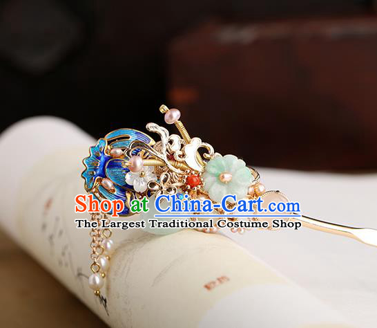 Chinese Classical Palace Jade Plum Hair Stick Handmade Hanfu Hair Accessories Ancient Ming Dynasty Princess Blueing Pearls Hairpins