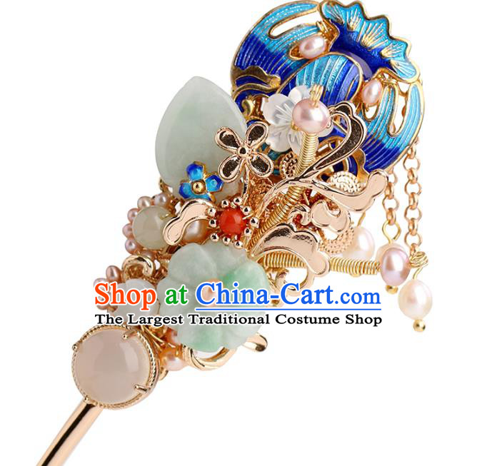 Chinese Classical Palace Jade Plum Hair Stick Handmade Hanfu Hair Accessories Ancient Ming Dynasty Princess Blueing Pearls Hairpins