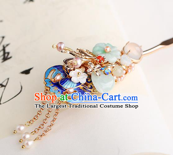 Chinese Classical Palace Jade Plum Hair Stick Handmade Hanfu Hair Accessories Ancient Ming Dynasty Princess Blueing Pearls Hairpins