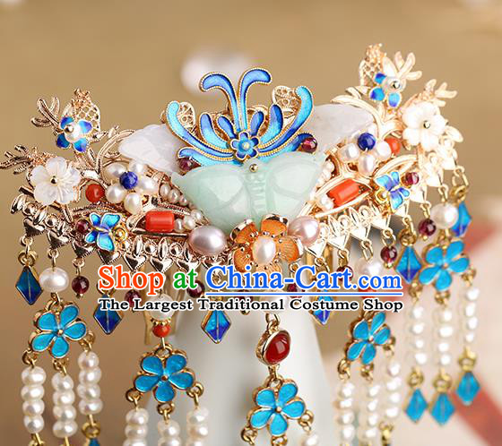 Chinese Classical Palace Jade Butterfly Hair Comb Handmade Hanfu Hair Accessories Ancient Ming Dynasty Princess Pearls Tassel Hairpins