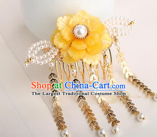 Chinese Classical Palace Yellow Peony Tassel Hair Comb Handmade Hanfu Hair Accessories Ancient Ming Dynasty Princess Hairpins