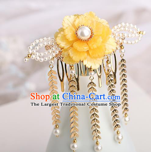 Chinese Classical Palace Yellow Peony Tassel Hair Comb Handmade Hanfu Hair Accessories Ancient Ming Dynasty Princess Hairpins