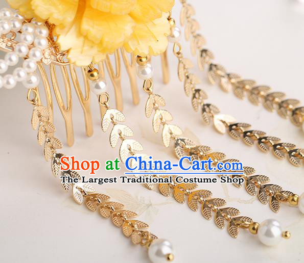 Chinese Classical Palace Yellow Peony Tassel Hair Comb Handmade Hanfu Hair Accessories Ancient Ming Dynasty Princess Hairpins
