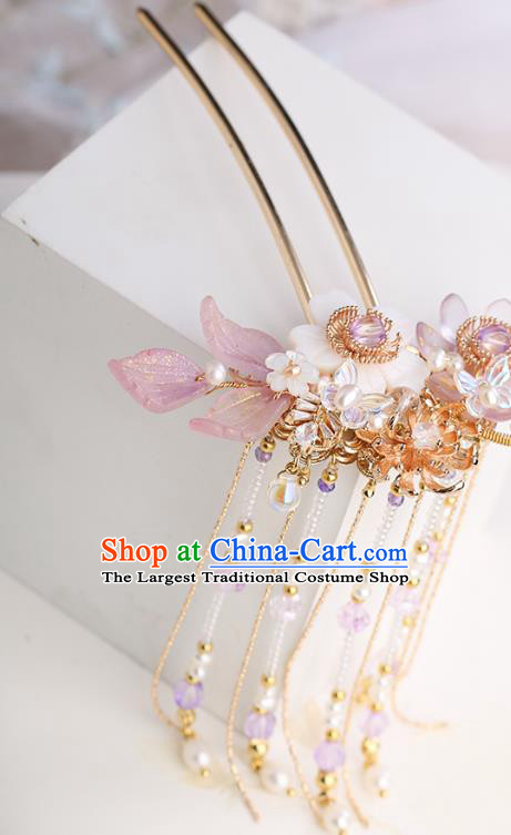 Chinese Classical Palace Flower Hair Sticks Handmade Hanfu Hair Accessories Ancient Ming Dynasty Princess Beads Tassel Hairpins