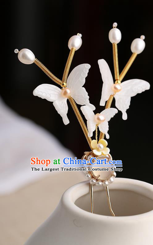 Chinese Classical Palace White Shell Butterfly Hair Sticks Handmade Hanfu Hair Accessories Ancient Ming Dynasty Princess Hairpins