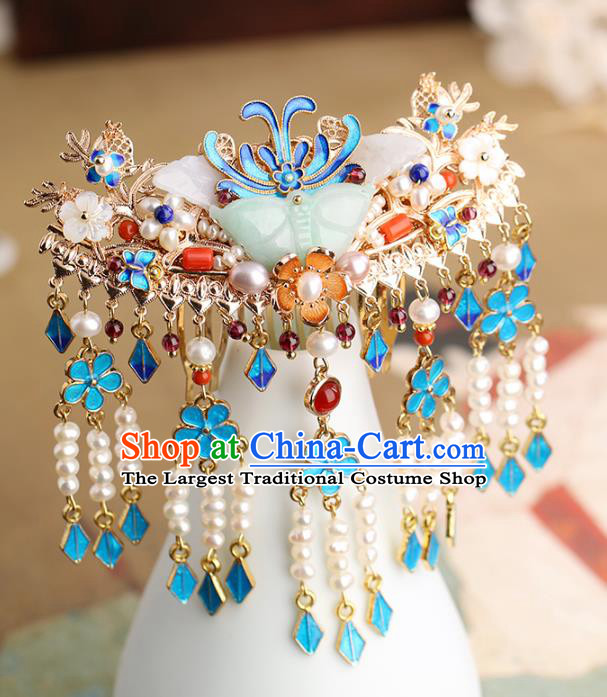Chinese Classical Palace Pearls Tassel Hair Comb Handmade Hanfu Hair Accessories Ancient Ming Dynasty Princess Jade Butterfly Hairpins