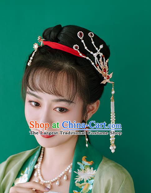 Chinese Classical Palace Pearls Phoenix Hair Sticks Handmade Hanfu Hair Accessories Ancient Ming Dynasty Princess Tassel Hairpins