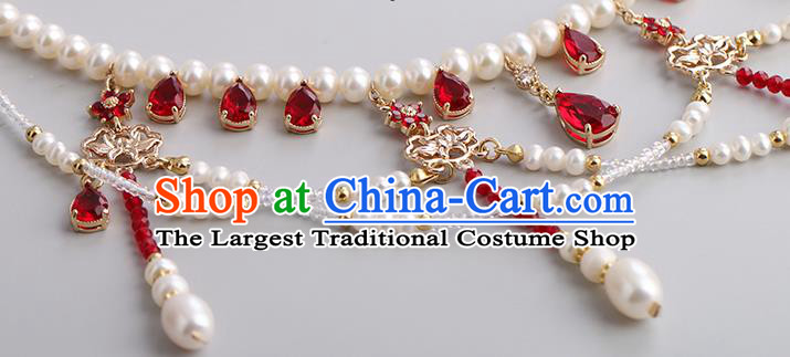 Chinese Handmade Red Crystal Necklet Classical Jewelry Accessories Ancient Ming Dynasty Princess Hanfu Pearls Necklace for Women
