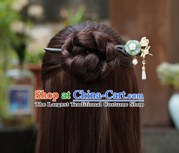 Chinese Classical Palace Jade Lotus Leaf Hair Sticks Handmade Hanfu Hair Accessories Ancient Ming Dynasty Princess Ebony Hairpins
