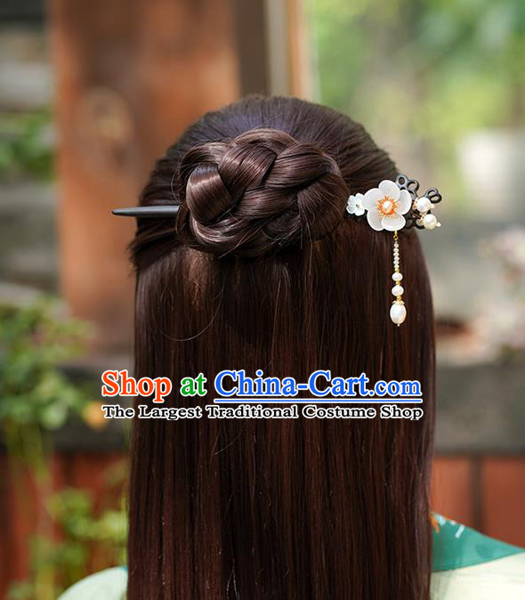 Chinese Classical Palace Plum Ebony Hair Sticks Handmade Hanfu Hair Accessories Ancient Ming Dynasty Princess Pearls Tassel Hairpins