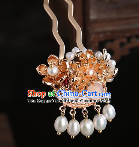 Chinese Classical Palace Chrysanthemum Hair Sticks Handmade Hanfu Hair Accessories Ancient Ming Dynasty Princess Golden Pearls Hairpins