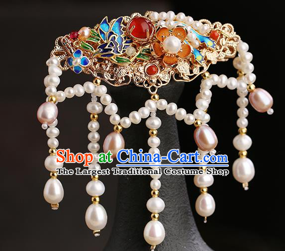 Chinese Classical Palace Blueing Long Tassel Hair Sticks Handmade Hanfu Hair Accessories Ancient Ming Dynasty Princess Shell Pearls Hairpins