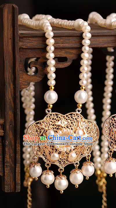Chinese Handmade Golden Necklet Classical Jewelry Accessories Ancient Ming Dynasty Princess Hanfu Pearls Necklace for Women