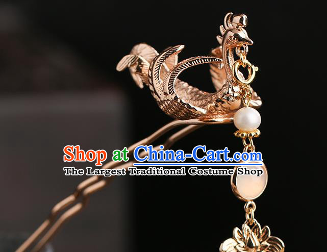 Chinese Classical Palace Phoenix Hair Sticks Handmade Hanfu Hair Accessories Ancient Ming Dynasty Princess Pearls Tassel Golden Hairpins