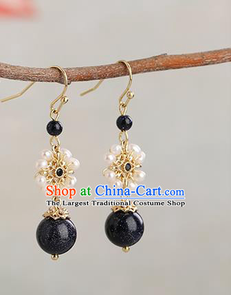Chinese Handmade Blue Stone Earrings Classical Ear Accessories Hanfu Ming Dynasty Princess Pearls Eardrop
