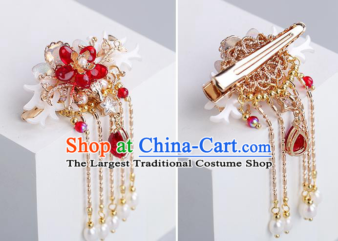 Chinese Classical Palace Red Crystal Tassel Hair Sticks Handmade Hanfu Hair Accessories Ancient Ming Dynasty Princess Shell Hairpins