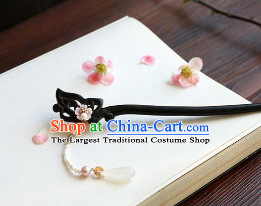 Chinese Classical Palace Ebony Hair Stick Handmade Hanfu Hair Accessories Ancient Ming Dynasty Princess Pearls Tassel Hairpins