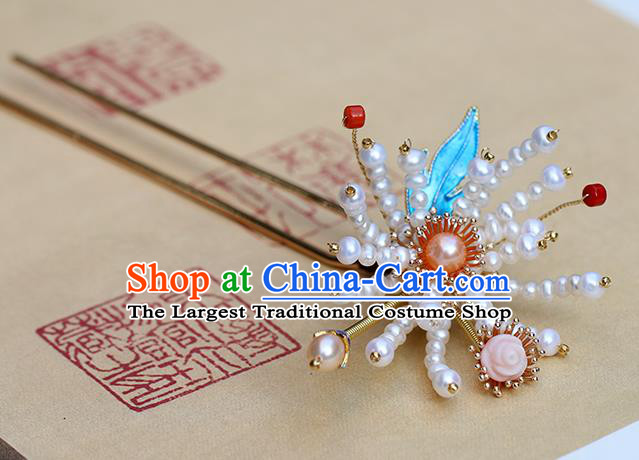 Chinese Classical Palace Chrysanthemum Hair Stick Handmade Hanfu Hair Accessories Ancient Ming Dynasty Princess Pearl Hairpins