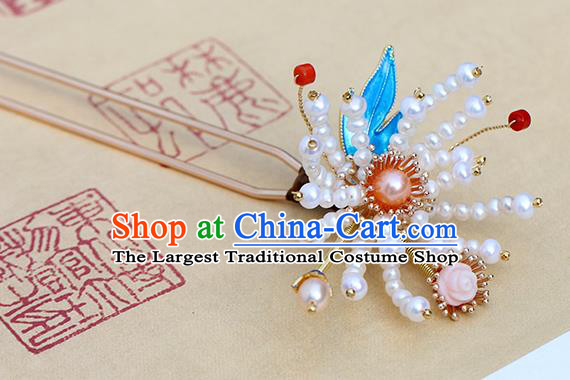 Chinese Classical Palace Chrysanthemum Hair Stick Handmade Hanfu Hair Accessories Ancient Ming Dynasty Princess Pearl Hairpins