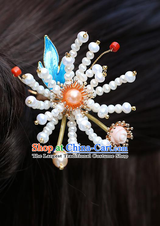 Chinese Classical Palace Chrysanthemum Hair Stick Handmade Hanfu Hair Accessories Ancient Ming Dynasty Princess Pearl Hairpins