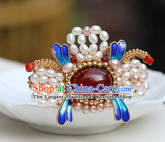 Chinese Classical Palace Blueing Hair Stick Handmade Hanfu Hair Accessories Ancient Ming Dynasty Princess Pearls Agate Hairpins