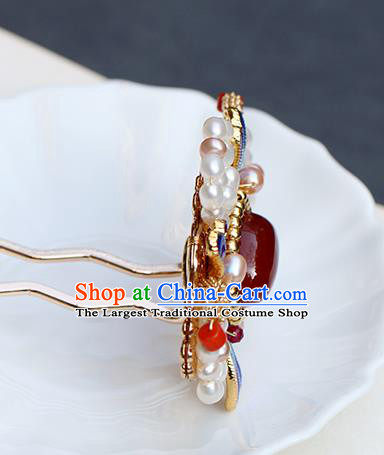 Chinese Classical Palace Blueing Hair Stick Handmade Hanfu Hair Accessories Ancient Ming Dynasty Princess Pearls Agate Hairpins