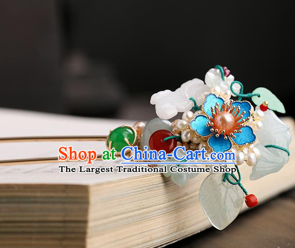 Chinese Classical Palace Jade Hair Stick Handmade Hanfu Hair Accessories Ancient Ming Dynasty Princess Blueing Plum Hairpins