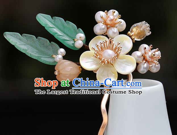 Chinese Classical Palace Beige Plum Hair Stick Handmade Hanfu Hair Accessories Ancient Ming Dynasty Princess Pearls Hairpins